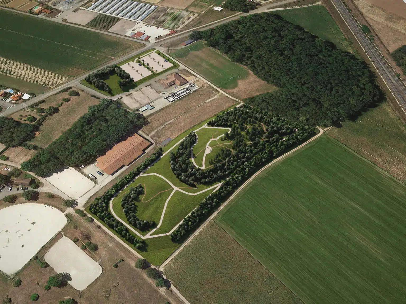 Vue de l'insertion paysagère aérienne du projet d'Eckwersheim avec les nouveaux espaces sportifs